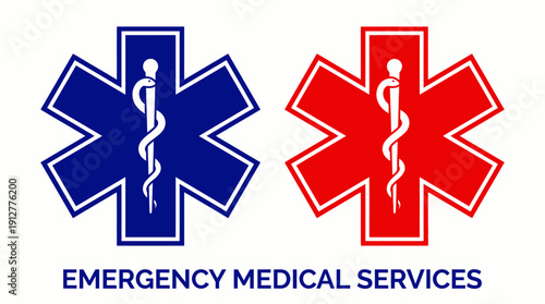 Star of Life Vector – Blue and Red Emergency Medical Symbols with Rod of Asclepius, Healthcare Icon, EMS Representation, Rescue Services, Medical Aid Graphics