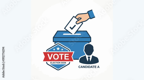 Vote and Candidate Vector – Ballot Box with Checkmark, Ribbon Banner, Political Emblem, Suit Silhouette, Election Campaign Symbol, Civic Engagement, Democracy Concept Graphics