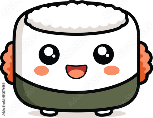 Happy sushi roll cartoon character with shiny rice and nori, delicious Japanese food illustration