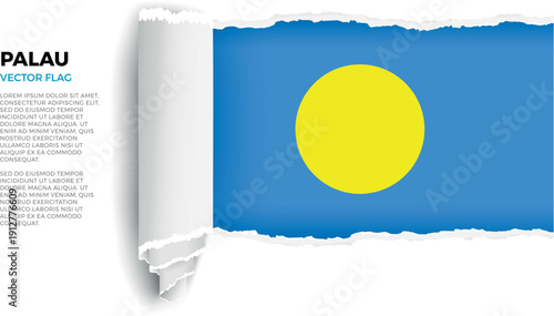 Flag of Palau. Flag revealed through torn paper rolled up on a transparent background