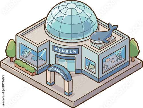 アイソメトリックの水族館とドーム型アクアリウム施設のイラスト