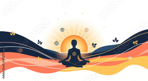 Silhouette in Lotus Pose with Radiant Chakra and Vibrant Energy Waves Illustration