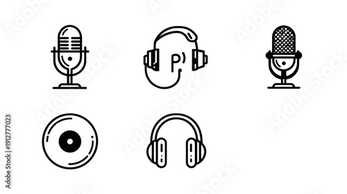 Set of audio and music line icons including microphones, headphones, and a vinyl record, in outline style on a white background.