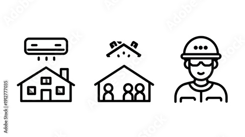 Home Services Line Icons: HVAC System, Residential Building Repair, and Professional Construction Worker for Housing Industry