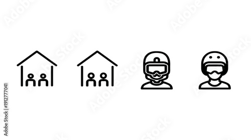 Vector outline icons: Stay at home, social distancing, and winter sports enthusiast with helmet and goggles.