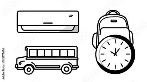Everyday Objects Line Art Icons Set with Air Conditioner, School Bus, Backpack, and Clock – Simple Vector Illustration
