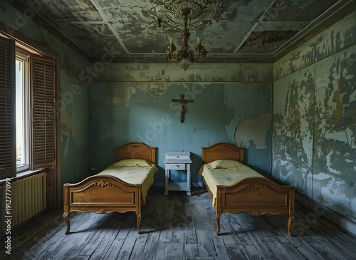Bedroom with two wooden beds inside an old, abandoned house