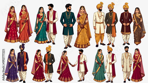 Indian wedding couple vector character set. Collection of traditional bride and groom cartoons wearing colorful saree and sherwani standing in various poses isolated on white.