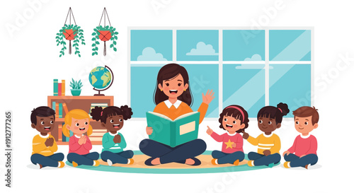Teacher Reading to Children in Classroom Story Time Illustration