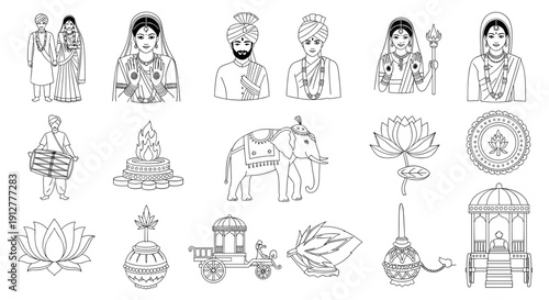 Indian wedding vector icon set. Black and white outline symbols of couple, elephant, lotus, dhol, and rituals for coloring book, logo, or invitation design elements.