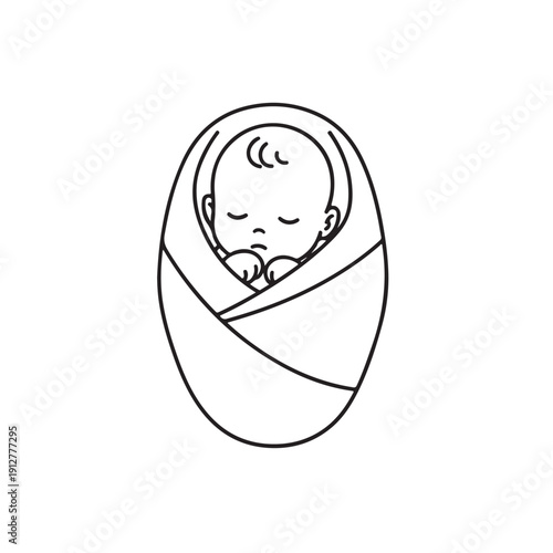 Swaddled Sleeping Baby in Fetal Position Vector - Black and White Line Art Newborn Infant Character for Kids Nursery and Children Graphics Design