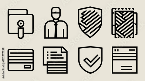 Digital Information and Cyber Security Line Icons Set. Business Data Management, User Protection, Web Services, and Online Financial Transactions.