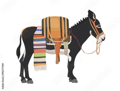 Cute cartoon Donkey with a saddle on the back in traditional mexico style. Vector animal illustration isolated on white background.