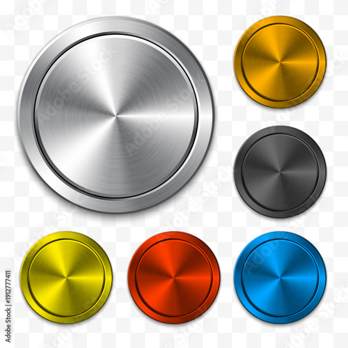 Realistic 3D Metallic Round Buttons Set – Silver, Gold, Black, Yellow, Red and Blue Brushed Metal Control Dial Icons Isolated on Transparent Background Vector Illustration