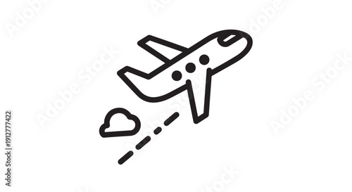 Simple black and white line icon depicting an airplane taking off near a small fluffy cloud