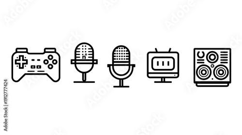 Entertainment & Media Icons Set: Game Controller, Microphones, Television, Speaker System. Modern Line Art Vector Graphics.