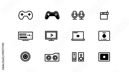 Technology and Entertainment Line Icons Set. Collection of Digital Media, Gaming, Audio, Video, and Computer Device Outline Symbols.