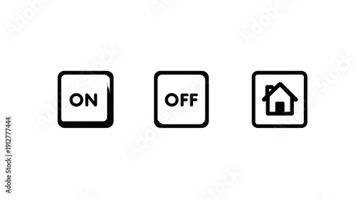 Flat design UI buttons: ON, OFF, and Home icon for user interface, web, and mobile app development and design.
