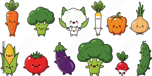 Cute kawaii vegetable characters vector illustration set with smiling broccoli carrot corn tomato eggplant radish and cucumber, healthy food mascots for kids