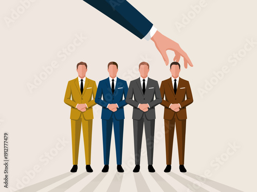The illustration depicts four businessmen in suits lined up for selection, illustrating the concepts of choice and leadership within a professional context effectively.