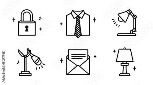 Modern minimalist line art icon set featuring security padlock, business shirt, desk lamp, microphone, mail envelope, and home lamp.