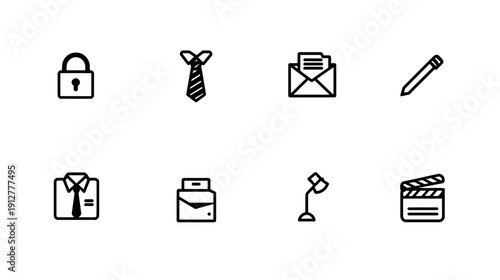 Minimalist Business and Office Line Icons Set for Professional Communication, Work, Security, and Creative Concepts