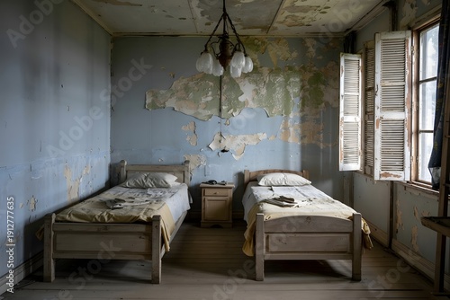 Bedroom with two wooden beds inside an old, abandoned house