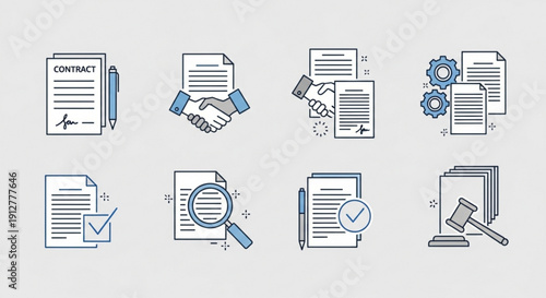 Business contract icons set including handshake agreement law and document management symbols