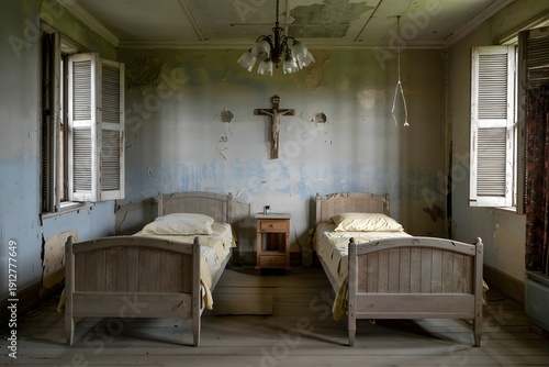 Bedroom with two wooden beds inside an old, abandoned house