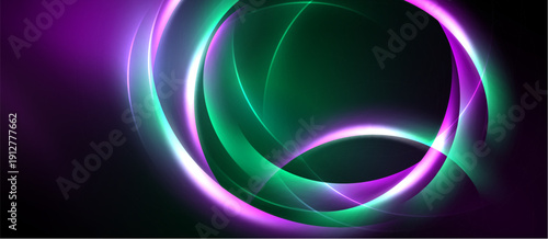 Abstract design features vibrant glowing circles, purple, green hues. Dark background emphasizes luminous curves, creating dynamic visual effect.