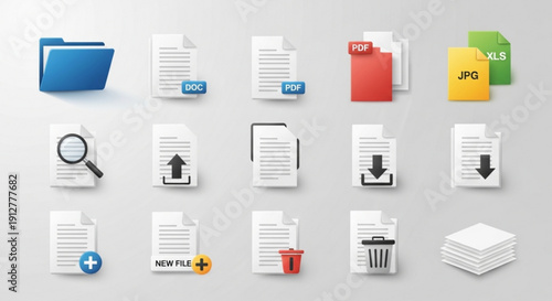 Collection of file icons for computer documents and data management on gray background