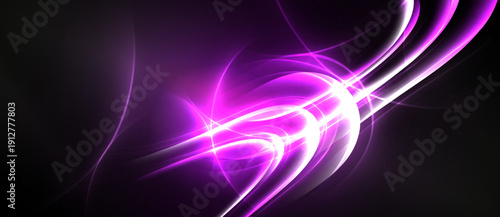 Bright purple energy flows, curves radiate. Dark background emphasizes vibrant light streaks, creating dynamic abstract design.