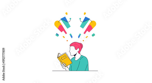 Conceptual Reading and Learning. Person holding a book with colorful ideas radiating. Education, inspiration, and knowledge vector illustration.