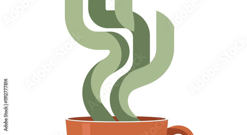 Minimalist Mug and Abstract Sage Green Steam Graphic. Modern Coffee Aroma Vector Illustration.