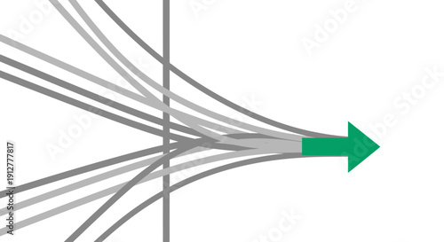 Unified Direction and Synergy: Data streams converging into a powerful green arrow, representing business merger, focus, strategy, and efficient goal achievement.