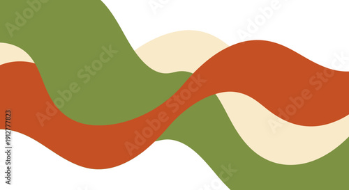 Retro 70s Wavy Abstract Background. Minimalist organic curves in earthy colors: olive green, terracotta orange, and cream. Vintage mid-century modern aesthetic banner.