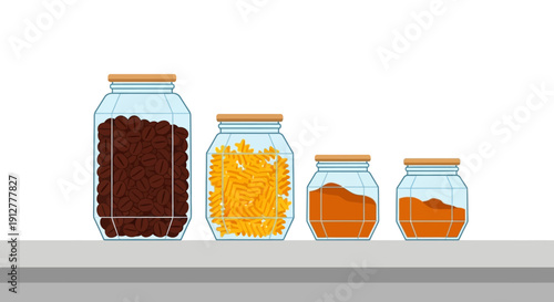 Flat Vector Illustration of Kitchen Storage Jars: Coffee Beans, Pasta, and Dry Goods Canisters on a Shelf, isolated on white.