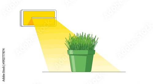 Smart Indoor Gardening: Tablet or LED Grow Light Illuminating Potted Grass. Controlled Environment Agriculture and Technology Vector Illustration.