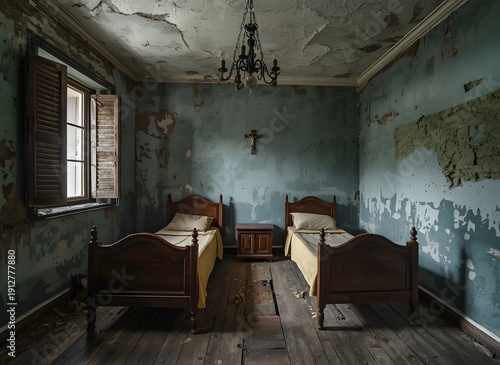 Bedroom with two wooden beds inside an old, abandoned house