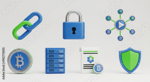 Cryptocurrency security icons including bitcoin padlock shield and blockchain elements on a clean white background