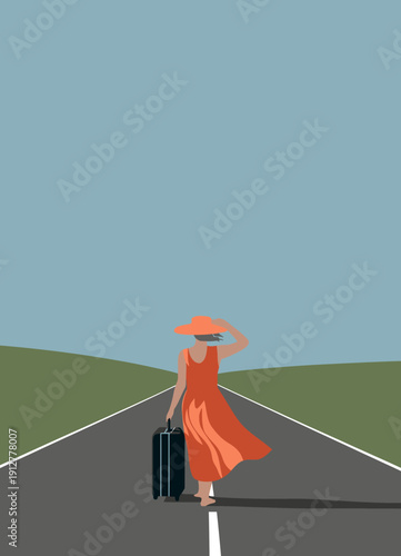A woman dressed in a flowing dress walks confidently along an open road, symbolizing freedom, adventure, and the thrill of new journeys ahead in life.