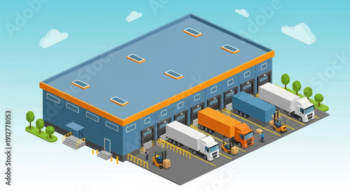 Isometric Warehouse with Trucks and Logistics Vector Illustration