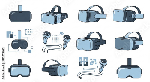 Collection of various virtual reality headsets and accessories in blue and black on white background