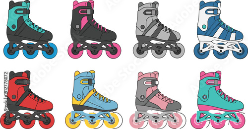 Colorful rollerblade vector illustration set with inline skates in different styles, modern extreme sports footwear collection for youth fitness and recreation design