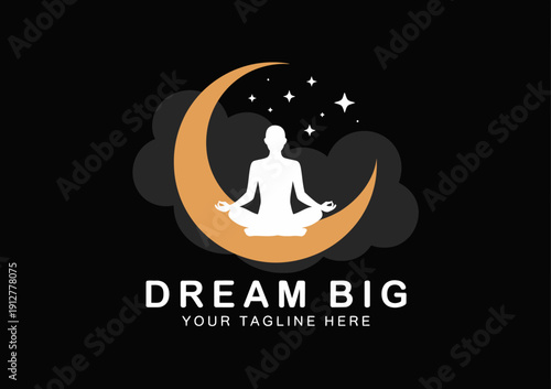 A serene figure appears in a meditative pose against a moon and stars, representing tranquility, mindfulness, and the pursuit of dreams under a night sky.