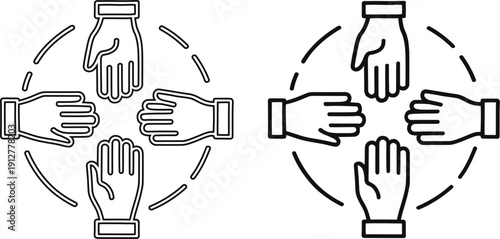 Four Hands Unity Circle Icon Set - Teamwork Collaboration and Solidarity Symbol in Outline Style.