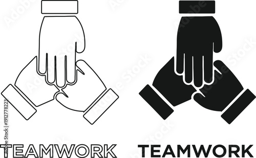 Teamwork and Collaboration Icon Set with Three Hands Joining Together for Unity and Partnership Concept