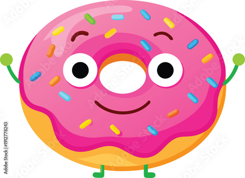 Happy donut character with colorful sprinkles, sweet dessert cartoon for celebrations and treats