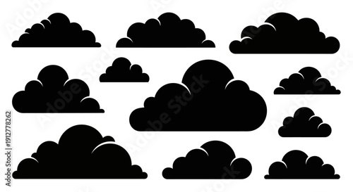 Dark Cloud Silhouettes Collection, Weather Icons and Sky Elements on White Background