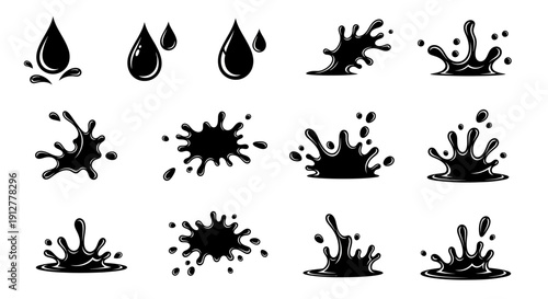 Black ink drops and liquid splashes vector set. Abstract paint splatters and oil stains collection.